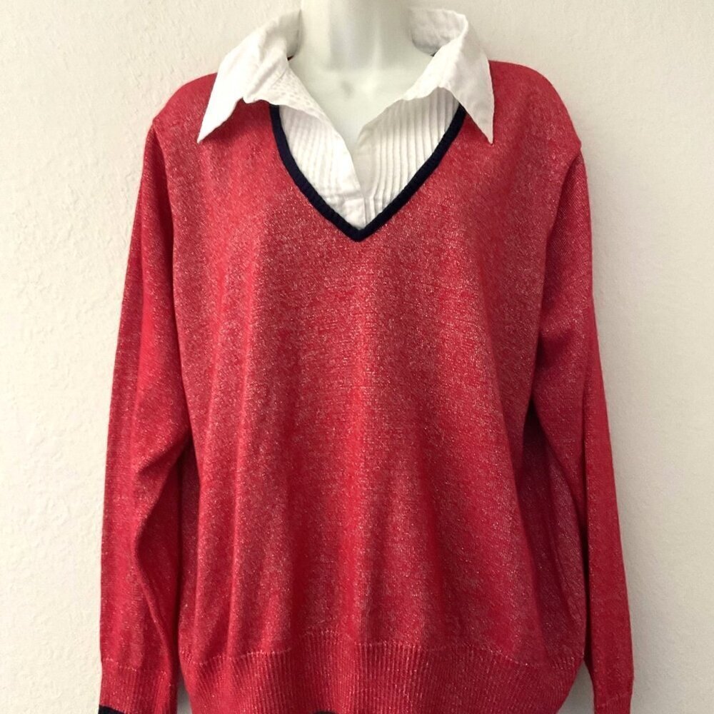 Vintage 90s/Y2k C.D. Daniels Mock Layer Red Shimmer Holiday Sweater 2X